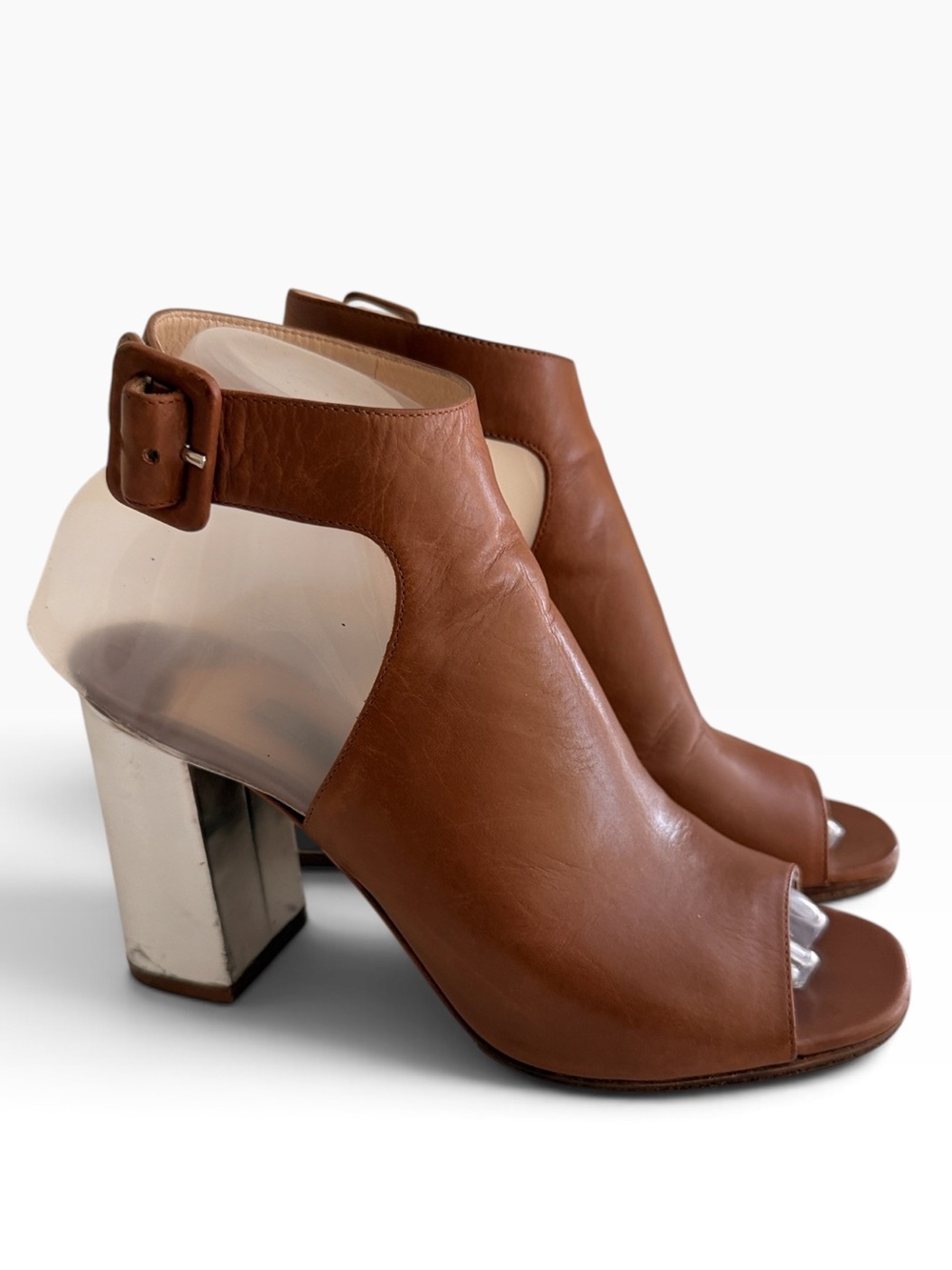 Prada Brown Leather Open-Toe Metallic  Block Heel Ankle Bootie 36.5(6.5)
